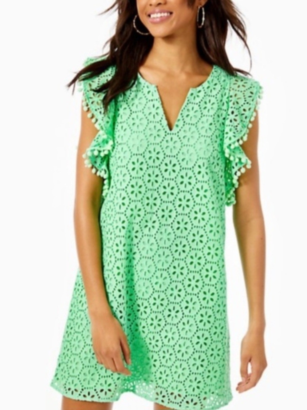 Eyelet Flutter-Sleeve Midi Dress in Mint Green